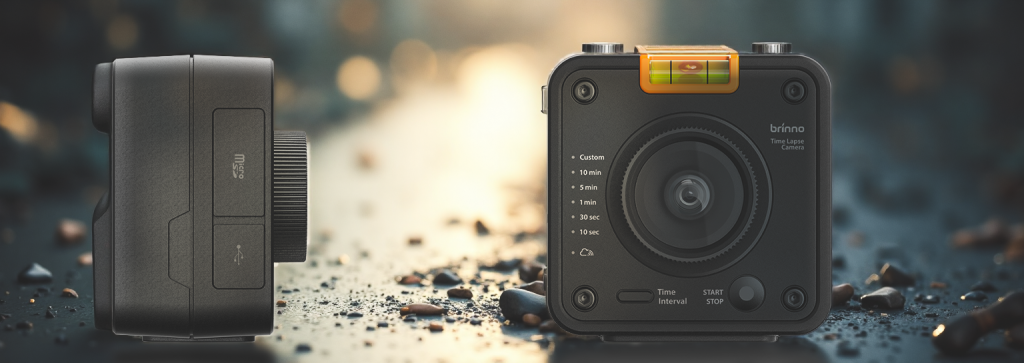 TLC5000 zaman atlamalı kamera, ön ve yan görünümde; doğal ışık alan bir yüzey üzerine yerleştirilmiş ve karanlık arka planla birlikte endüstriyel tasarımını ve cihazın zaman aralığı ayarlarını vurgular.